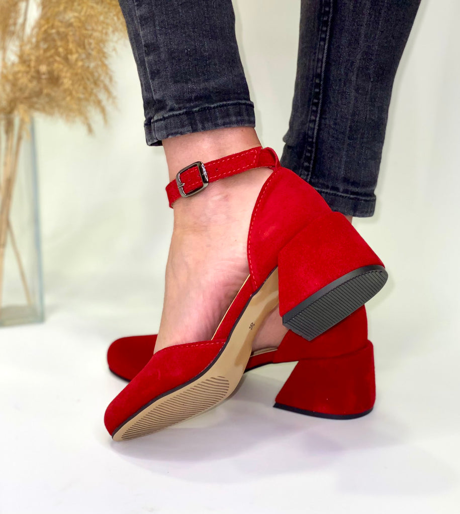 Women Suede Heel Shoes Red
