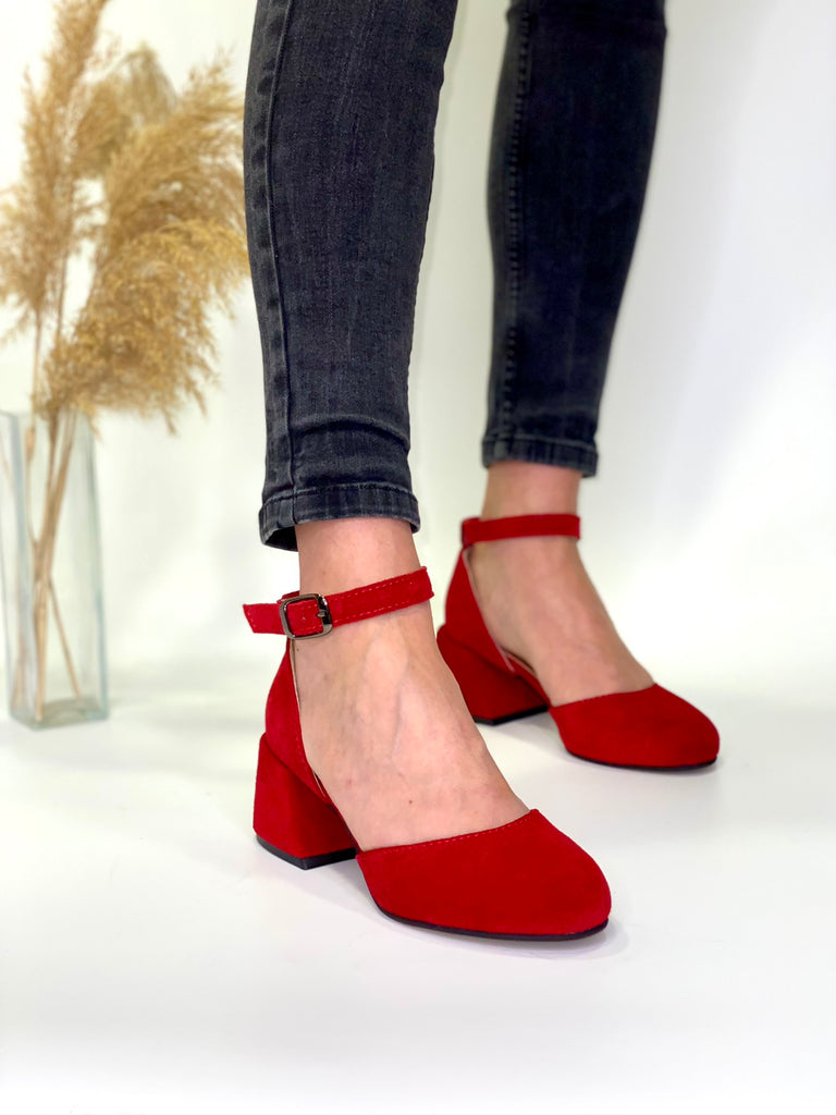 Women Suede Heel Shoes Red