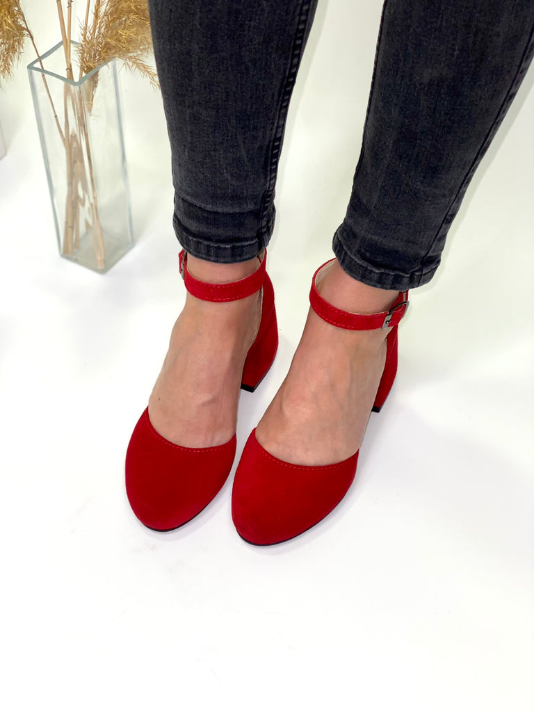 Women Suede Heel Shoes Red