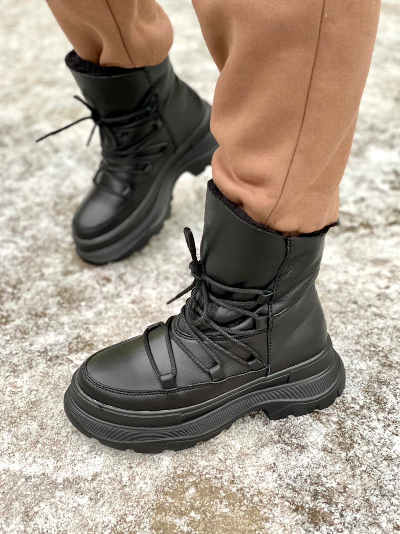 Women Leather Winter Boots Black