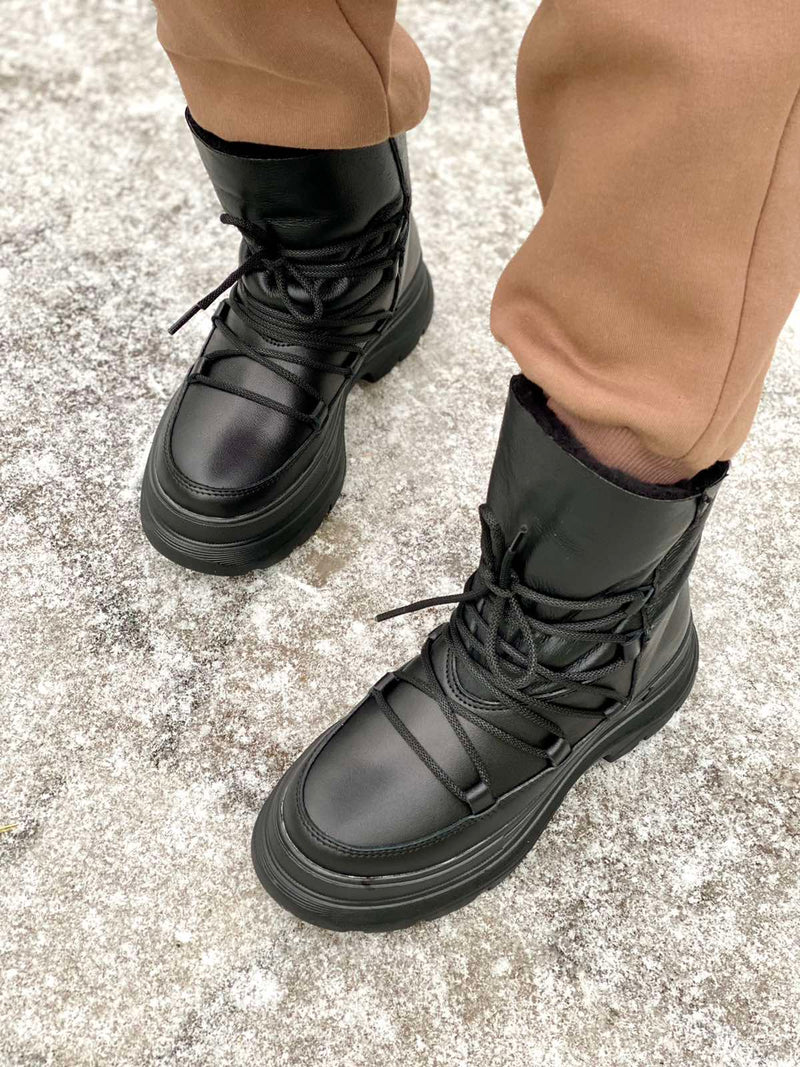 Women Leather Winter Boots Black