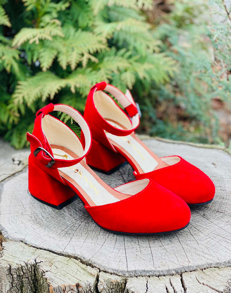 Women Suede Heel Shoes Red