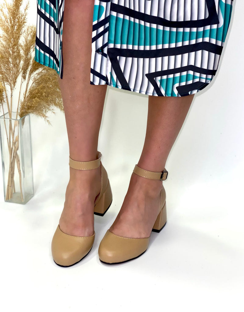 Women Leather Heel Shoes Beige