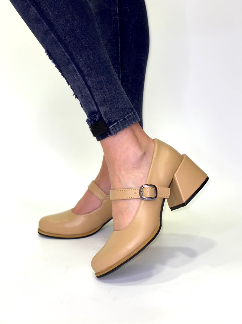 Women Leather Heel Shoes Beige