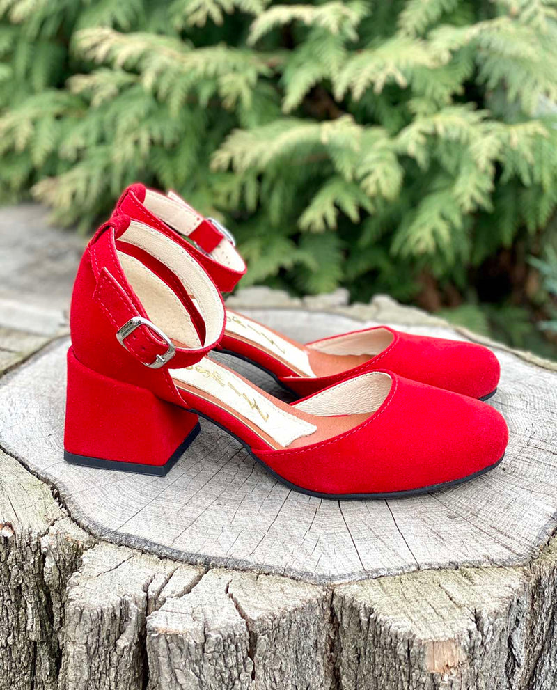 Women Suede Heel Shoes Red