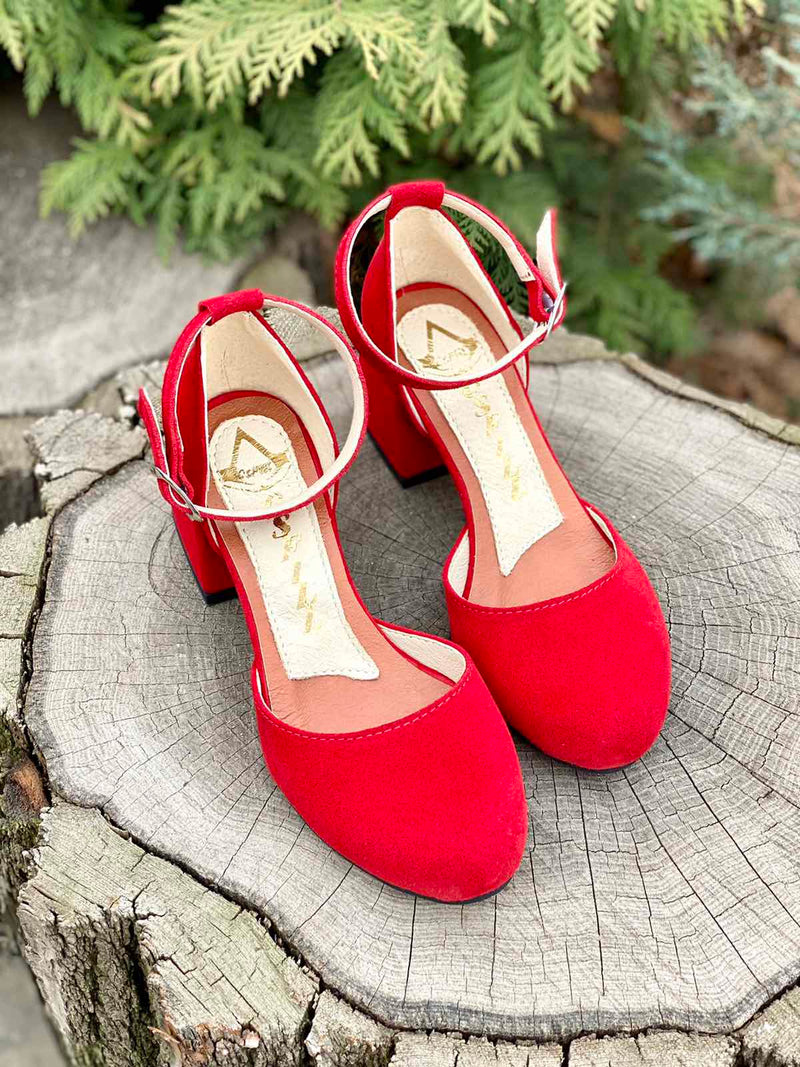 Women Suede Heel Shoes Red