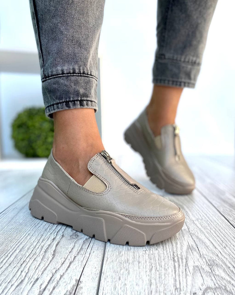 Women Leather Slip Ons 1543 Casual Shoes Beige