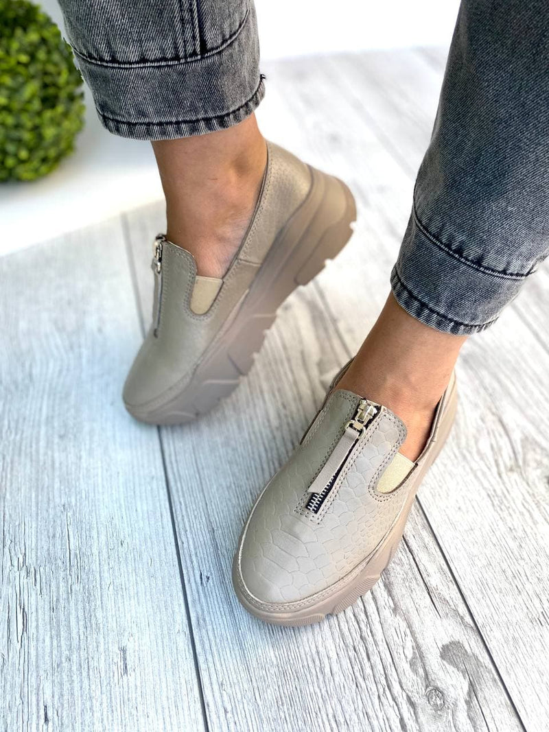 Women Leather Slip Ons 1543 Casual Shoes Beige