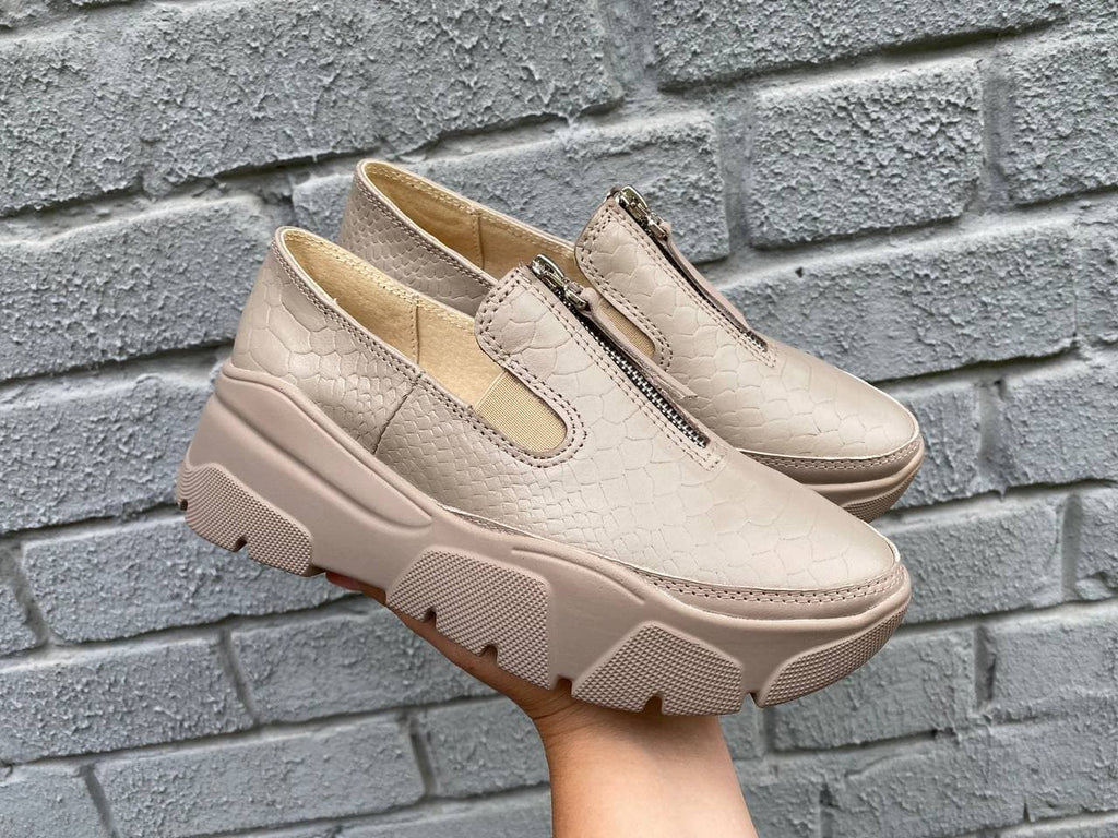 Women Leather Slip Ons 1543 Casual Shoes Beige