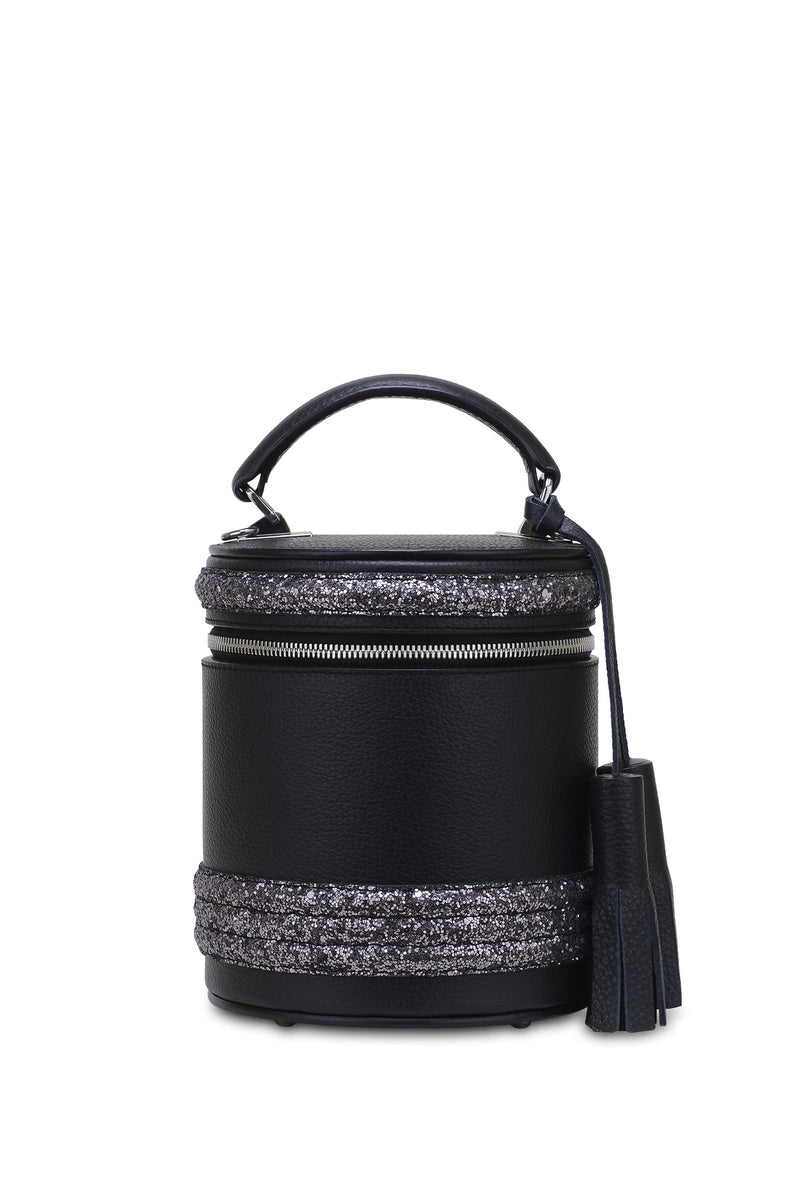 Woman Leather Cross Body Bag Lady Anne Barrel Black & Silver