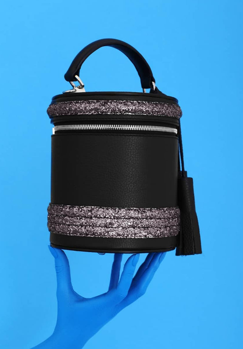 Barrel Handbags Black Colour with White Prints. – lakshya bags